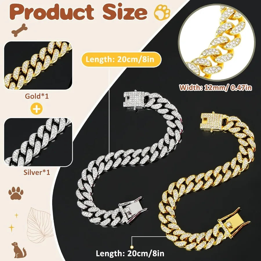 2 Pcs Dog Chain Collar Diamond Metal Dogs Chain Cuban Link Dog Necklace 12mm Wide with Secure Buckle Pet Collar Jewelry Accesso