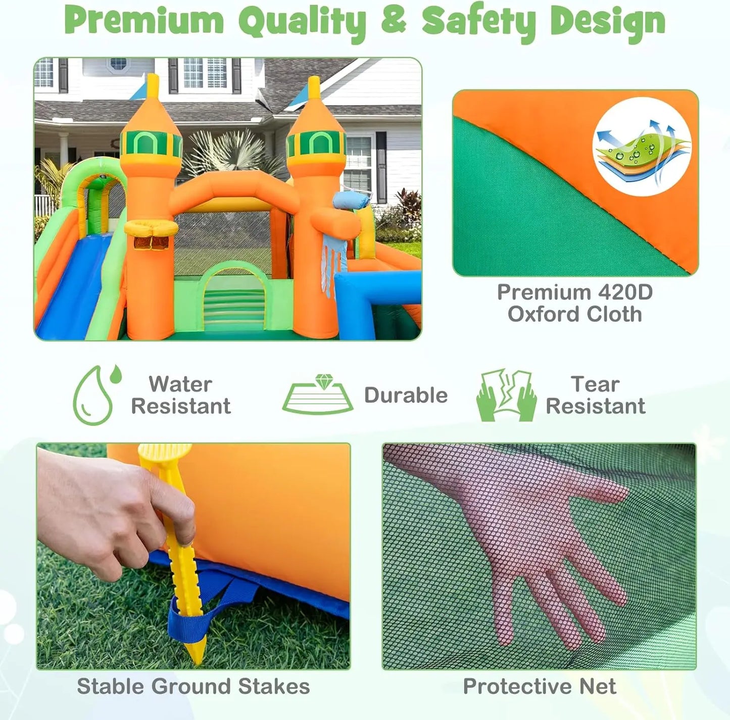 Inflatable Water Slide, 9 in 1 Waterslide Bounce House Water Park w/Dual Slides, Splash Pool, Climb Wall, Soccer Gate, Water Sli