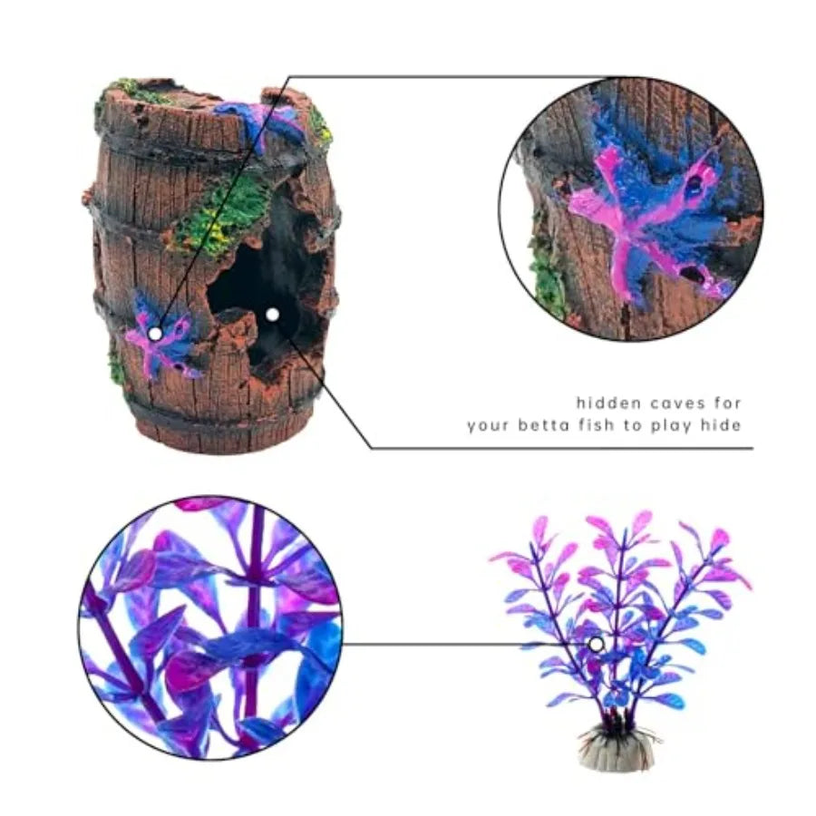 Faeshoo Fish Tank Decoration Betta Fish Tank Decorations Accessories for Aquarium Tank Starfish Barrel x 1pc Aquatic Plants x 4