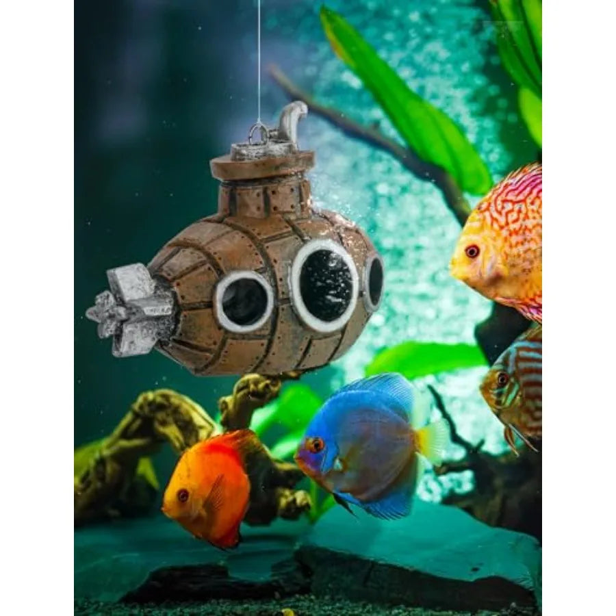 Floating Fish Tank Decoration Little Cute Retro Submarine Aquarium Decoration with Two Float Balls Resinous Fish Tank Accessori