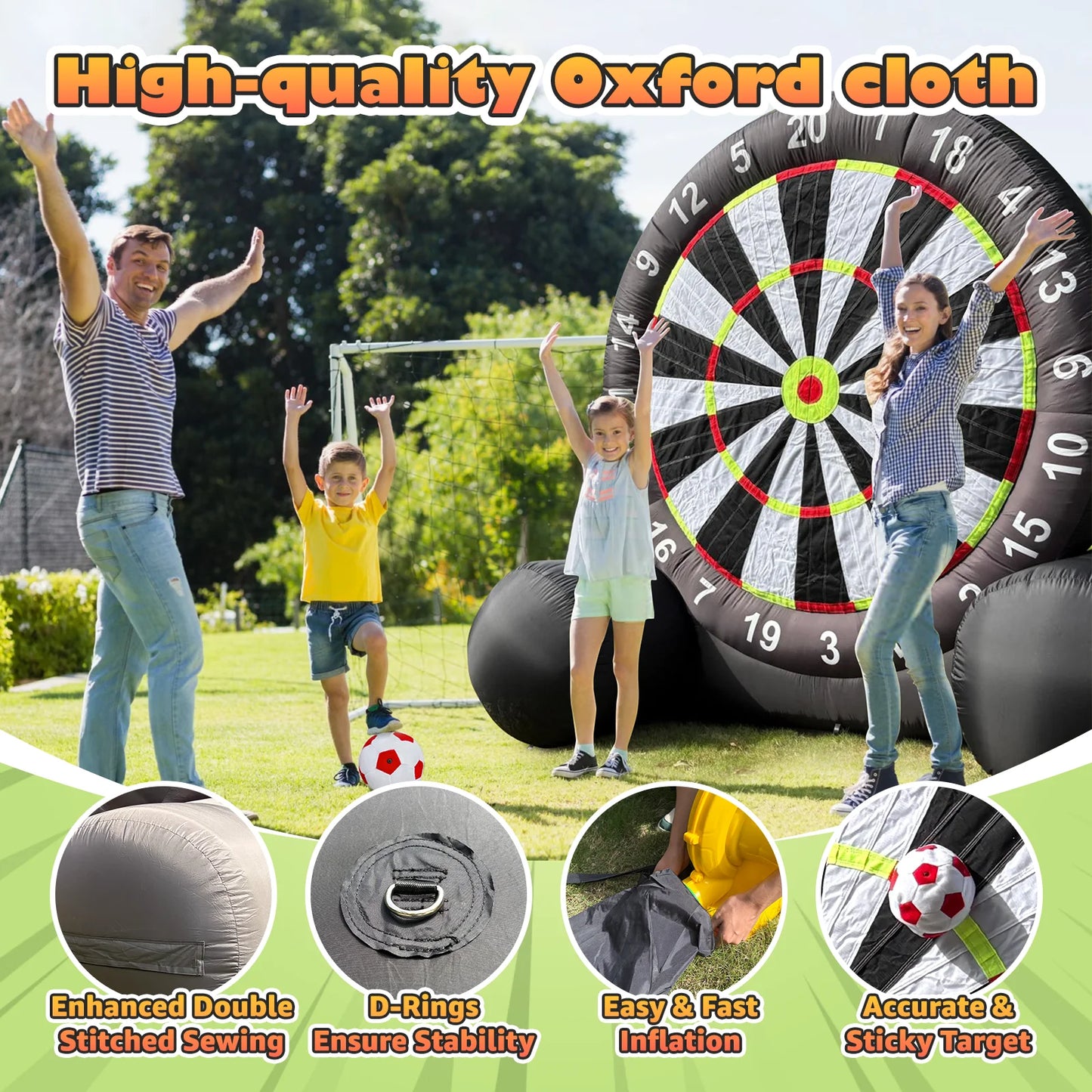 10.8ft Giant Outdoor Inflatable Soccer Darts Board with Soccer Balls & Blower for Kick Dartboard Sport Game(10FT Tall, Black)