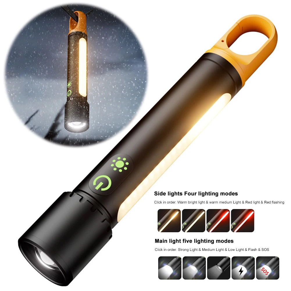 10W LED Camping Powerful Flashlight with Side Lights Strong Light Flashlight USB Charging Power Bank for Outdoor Hiking Fishing