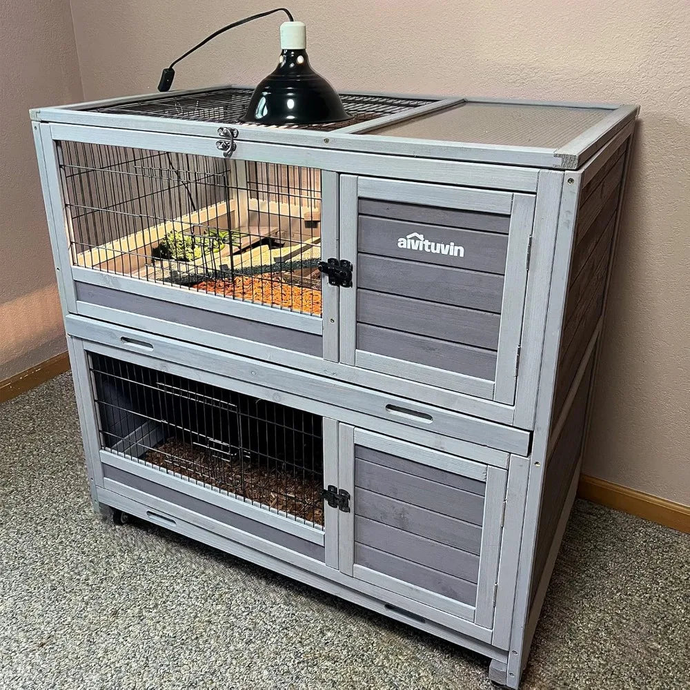 Rabbit Hutch Indoor Outdoor Bunny Hutch Pull Out Tray Guinea Pig Cage with Bottom Wire-Netting, On Wheels