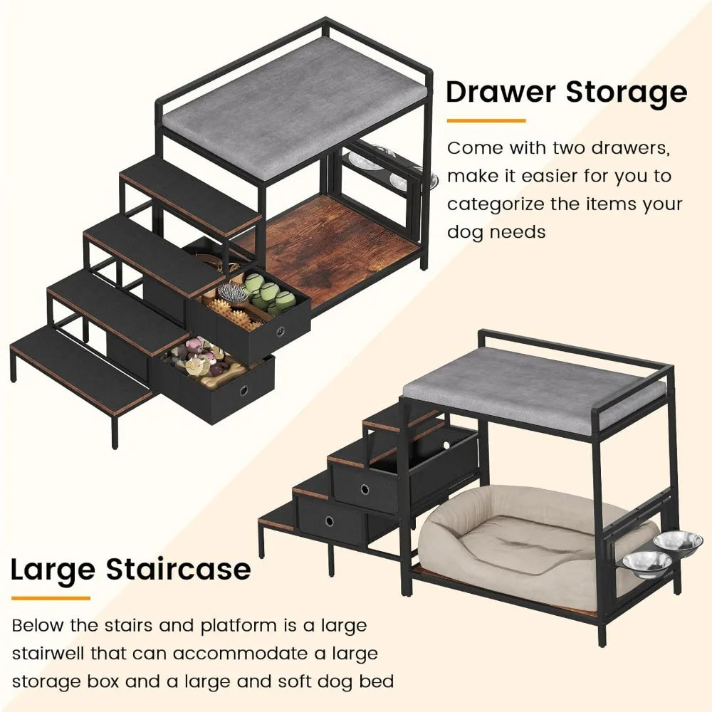 360° rotating & adjustable pet feeder perch, staircase bunk bed with storage drawers, elevated dog bed platform