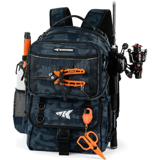BaitSpace 50L Fishing Tackle Backpack with Removable Bait Binder 2 Rod Holders Durable Storage for Fishing Gear and Equipment I