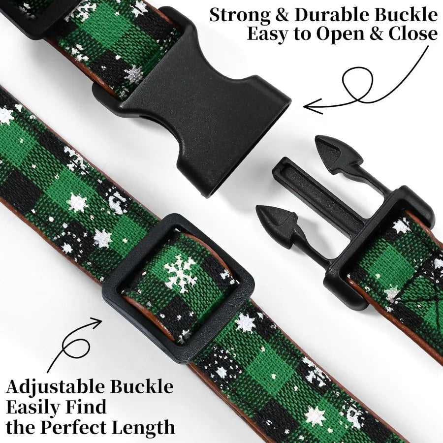 Adjustable Christmas Dog Collar Girl Boy with Detachable Bowtie Classic Plaid Snowflake Dog Christmas Collar Soft Leather Cotto