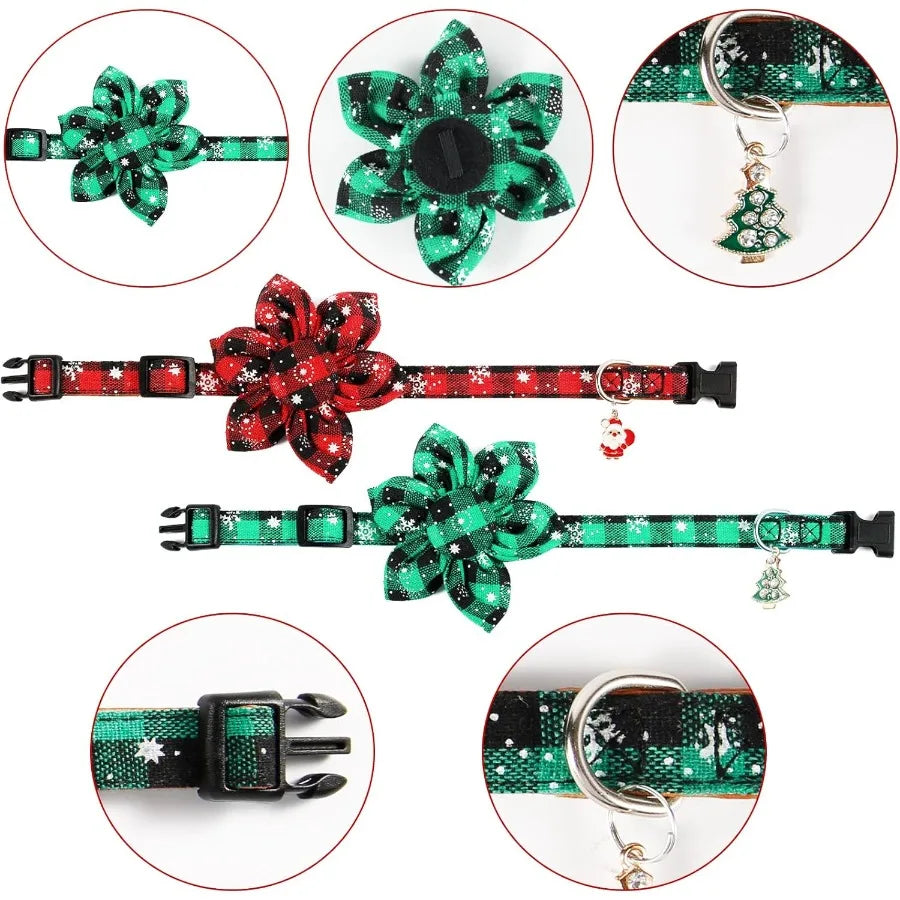 2pcs Christmas Dog Collar with Flower Adjtable Plaid Dog Collar Detachable Holiday Dog Collars with Pendant Snowflake Pet Chris