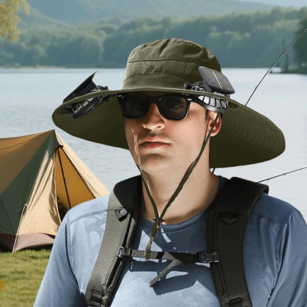 Solar Fan Hat with Solar/Charging Fan Sunshade Fishing Hat Waterproof Large Edge Cooling Hat for Outdoor Riding Hiking Fishing