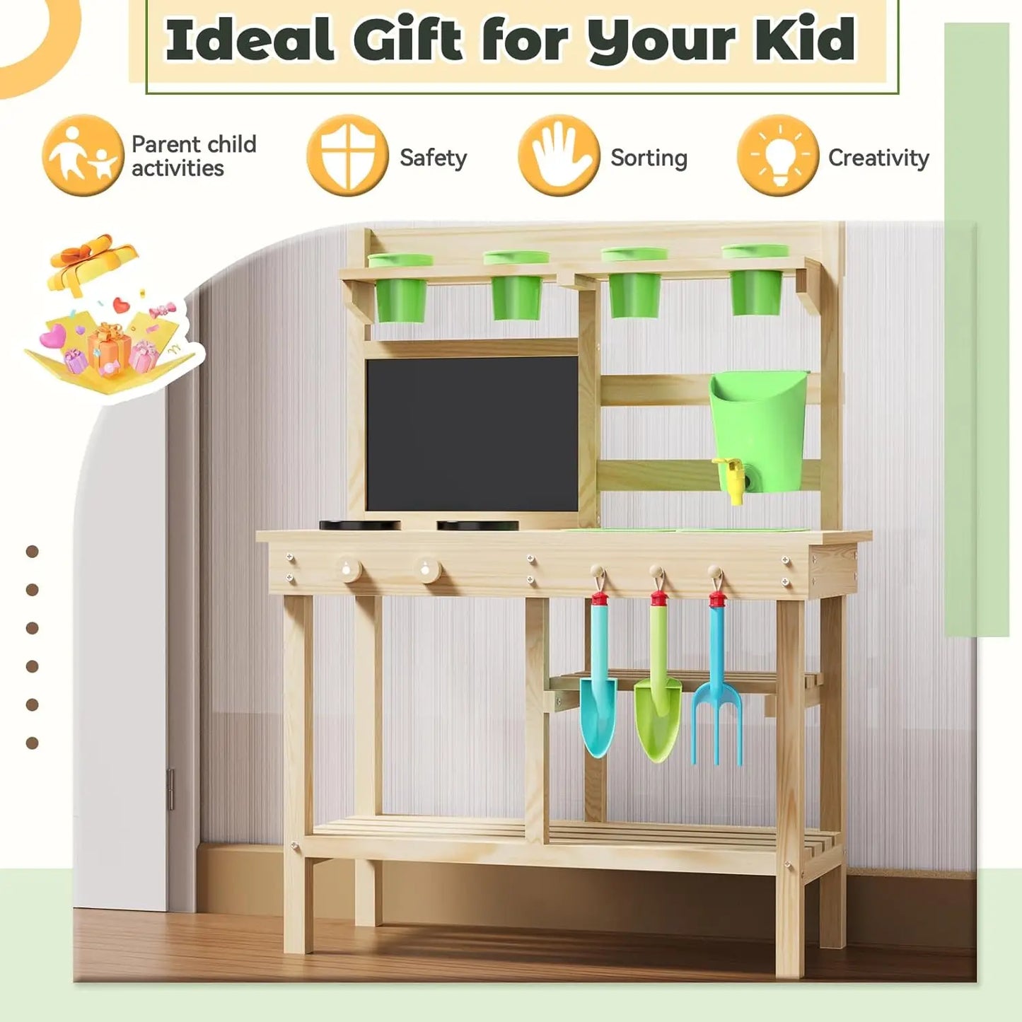 Cedar Wood Outdoor Play Kitchen for Kids, Mud Kitchen with Water Faucet, Dual-Sided Chalkboard, Storage Shelves, Cups, Removable