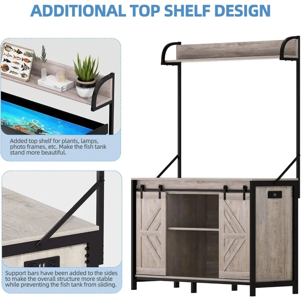 55-75 Gallon Fish Tank Stand with Power Outlets, Heavy Duty Metal Frame Aquarium Stand with Barn Door, Turtle Reptile Terrariums