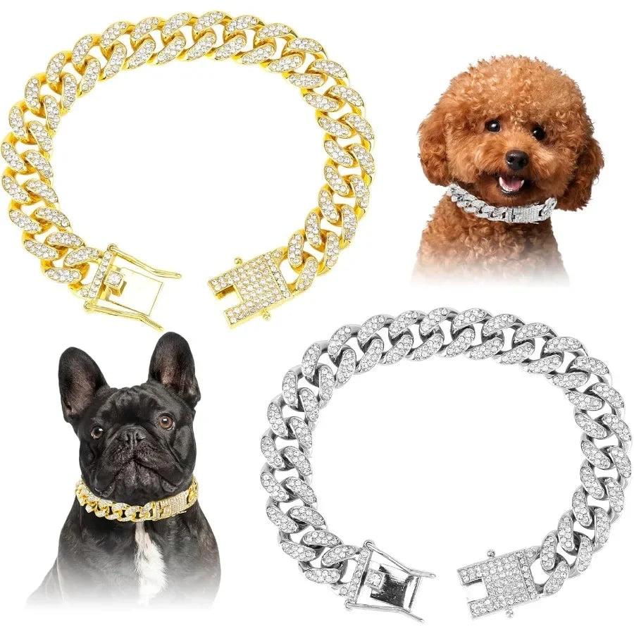 2 Pcs Dog Chain Collar Diamond Metal Dogs Chain Cuban Link Dog Necklace 12mm Wide with Secure Buckle Pet Collar Jewelry Accesso