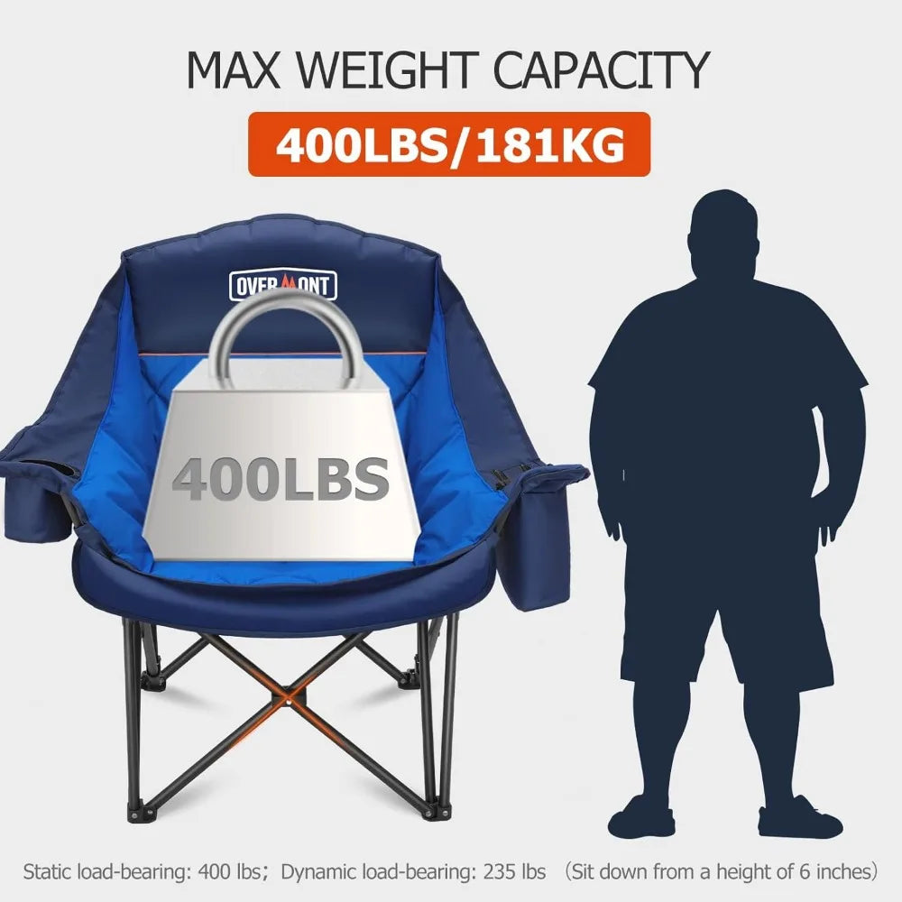 Oversized XL Camping Chair for Adults - 450lbs Support Heavy-Duty Padded Folding Chair with Side Pocket Cup Holder Cooling Bag