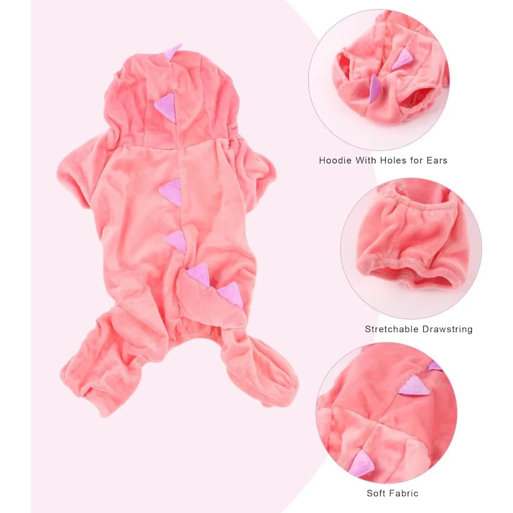 DELIFUR Dinosaur Dog Halloween Costume Pet Dino Hoodie for Small Dogs Cats (M, Pink)