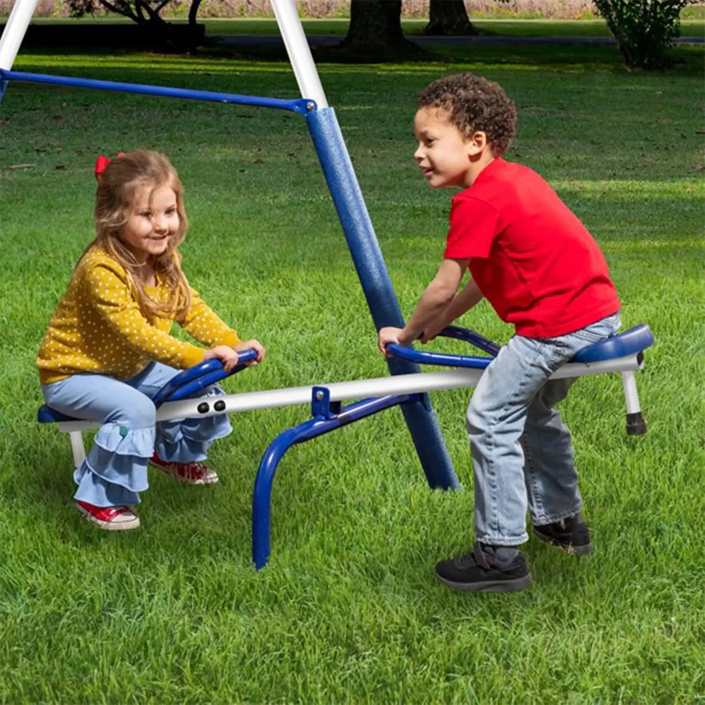 Freedom Fun Metal A-Frame Kids Outdoor Swing Set 7 Child Capacity Backyard Playground Toy Set with Slide, 3 Swing Types, and See