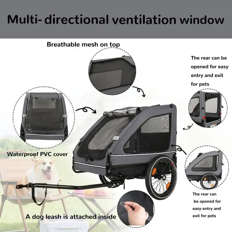 Pet Bike Trailer for Small & Medium Dogs, Easy Folding Frame, Quick Release Wheels, Non-Slip Floor, Internal Leash, Black &