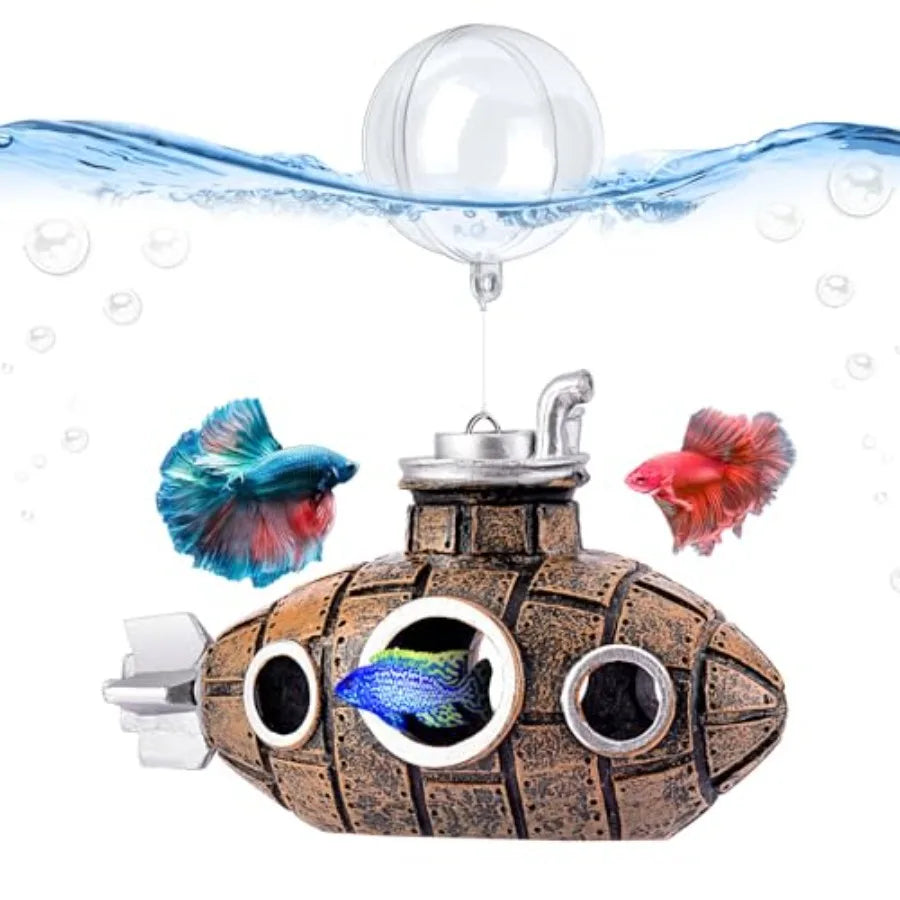 Floating Fish Tank Decoration Little Cute Retro Submarine Aquarium Decoration with Two Float Balls Resinous Fish Tank Accessori