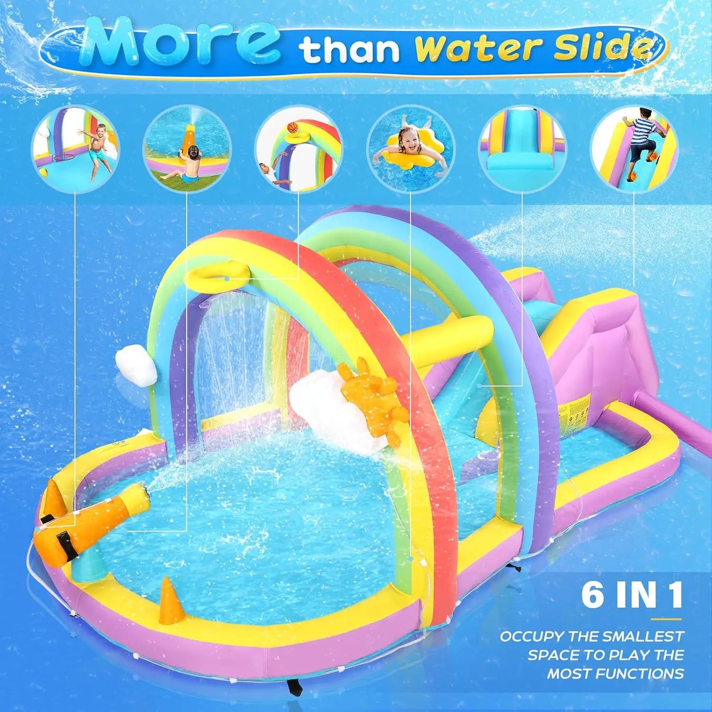 Inflatable Water Slide w/Climbing Wall, Water Cannon, Basketball Hoop, Kids Water Slide Bounce House w/Arch Sprinklers, 30s Blow