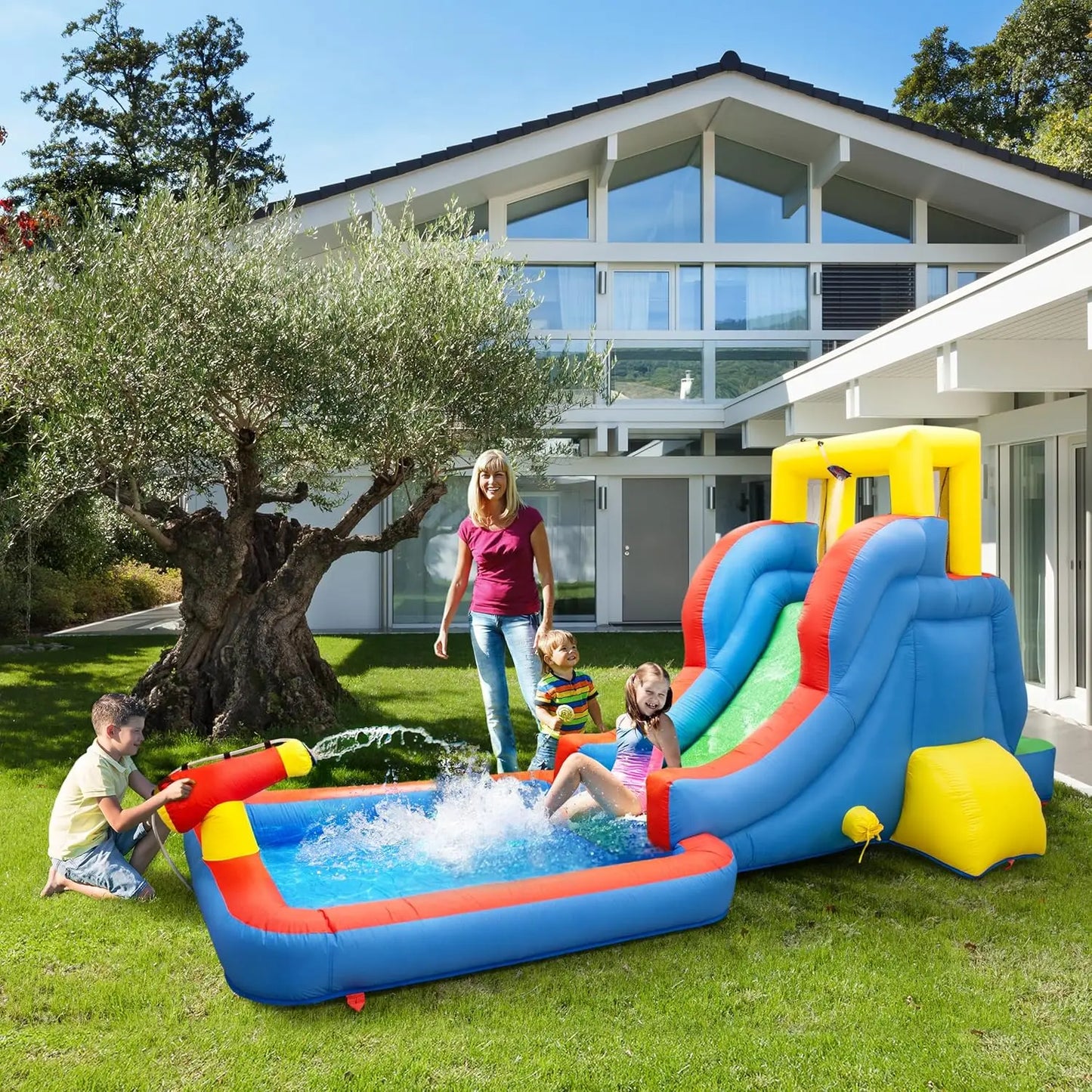 Water Slide Park Inflatable Bouncing House w/Pool Area (Splash Zone), Climbing Wall, Shower Head Sprays Mounts, Water