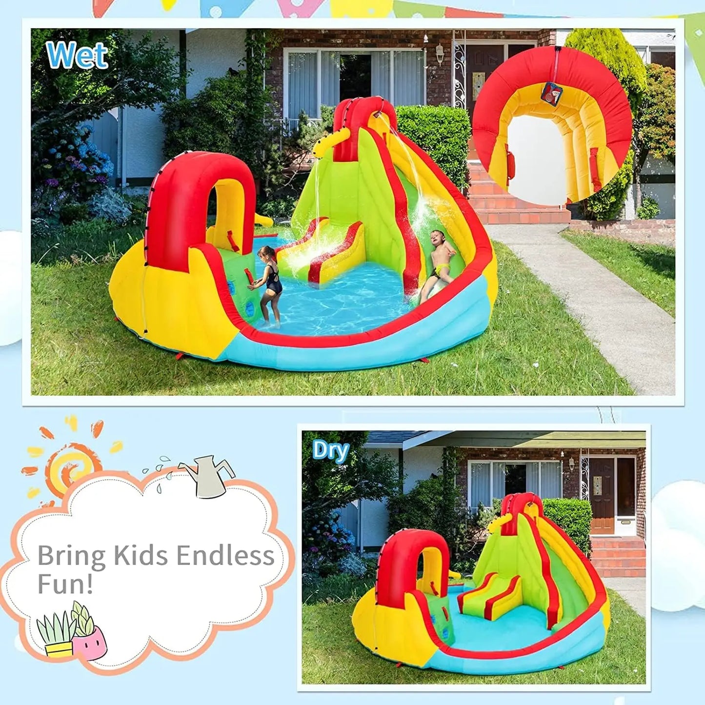 Inflatable Water Slide with 550w Blower, 7 in 1 Bouncy Inflatable Water Park w/Two Slides, Climbing Wall & Splash Pool, Hose