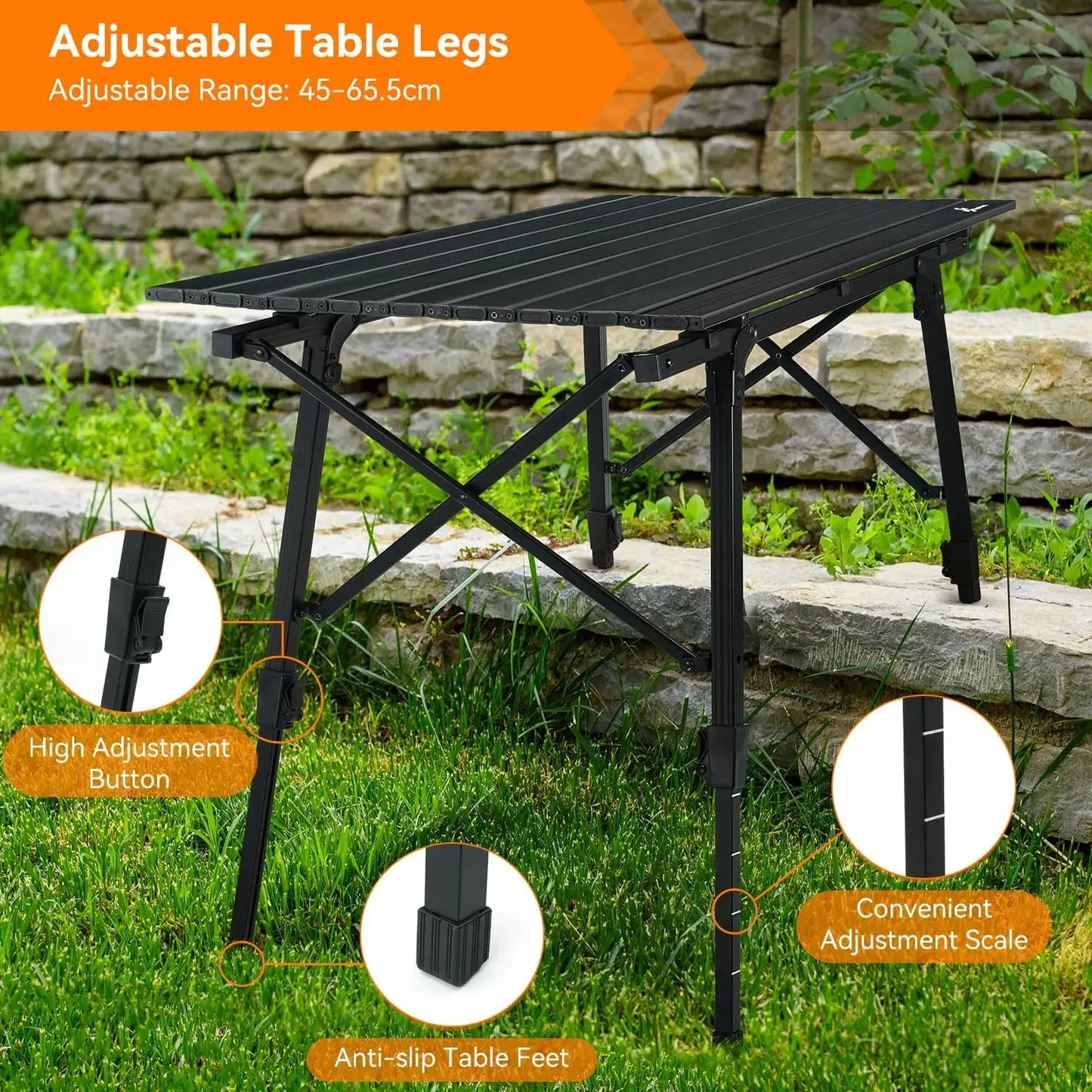 Customizable Camping Tables That Fold Up Lightweight, Adjustable Height Aluminum Folding Table with Top Mesh Layer, Roll Up Camp