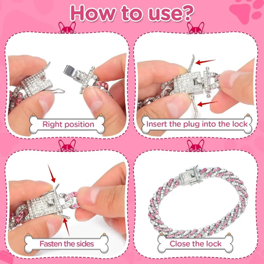 9inch Glitter Dog Collar Pink Silver Diamond Collars Cuban Girl Necklace Puppy Pet Metal Link Chain with Buckle Christmas Pet J