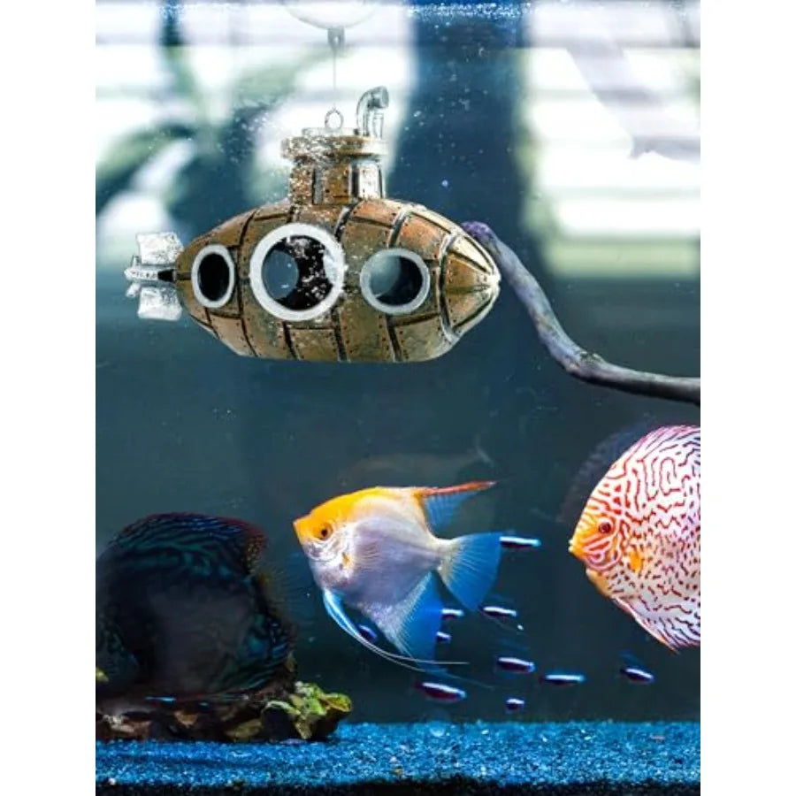 Floating Fish Tank Decoration Little Cute Retro Submarine Aquarium Decoration with Two Float Balls Resinous Fish Tank Accessori