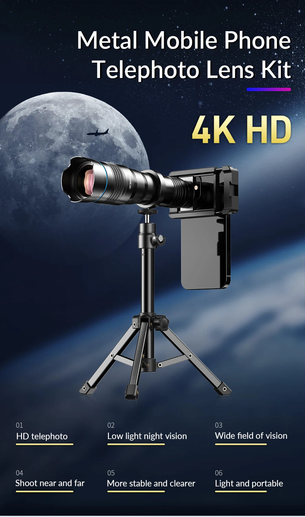 APEXEL 36X Metal Telephoto Lens with Tripod Zoom Telescope Monocular  for iPhone Samsung Shooting Birds Watching Concert Sports