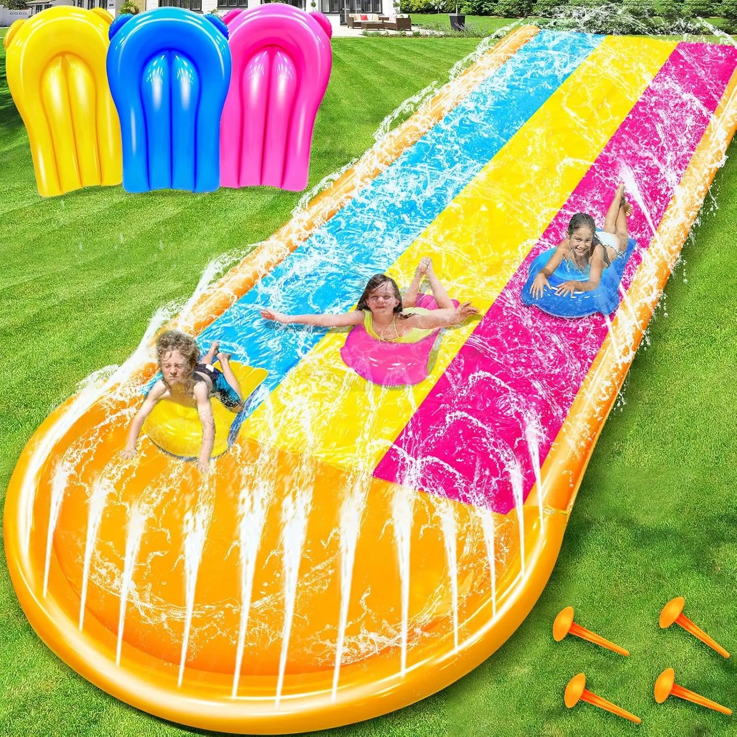 [ 3 Sided Safe Fence ] Extra Width Triple Slip Water Slide with 3-Way Sprinklers, Backyard Lawn Water Slides and 3 Bodyboards wi
