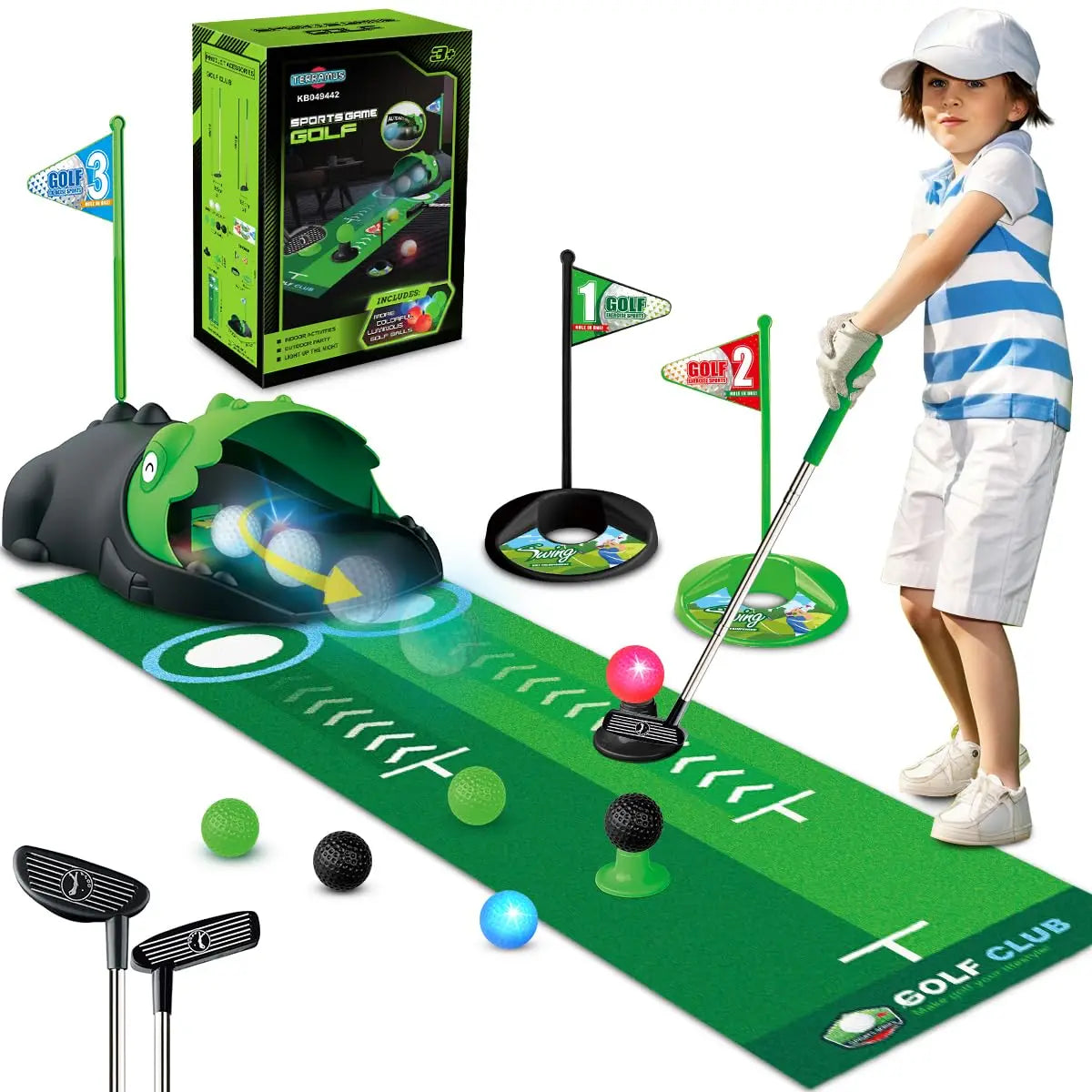Kids Toy Golf Club Set with  LED Automatic Ball Returner, Golf Putting Mat Toddler Mini Golf Game Sports Gift for 3+  Boys Girls