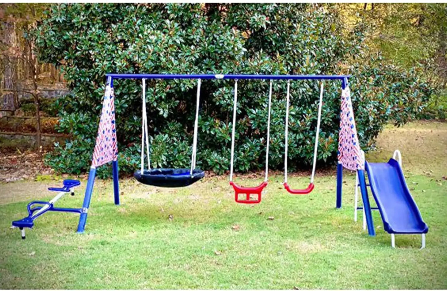 Freedom Fun Metal A-Frame Kids Outdoor Swing Set 7 Child Capacity Backyard Playground Toy Set with Slide, 3 Swing Types, and See