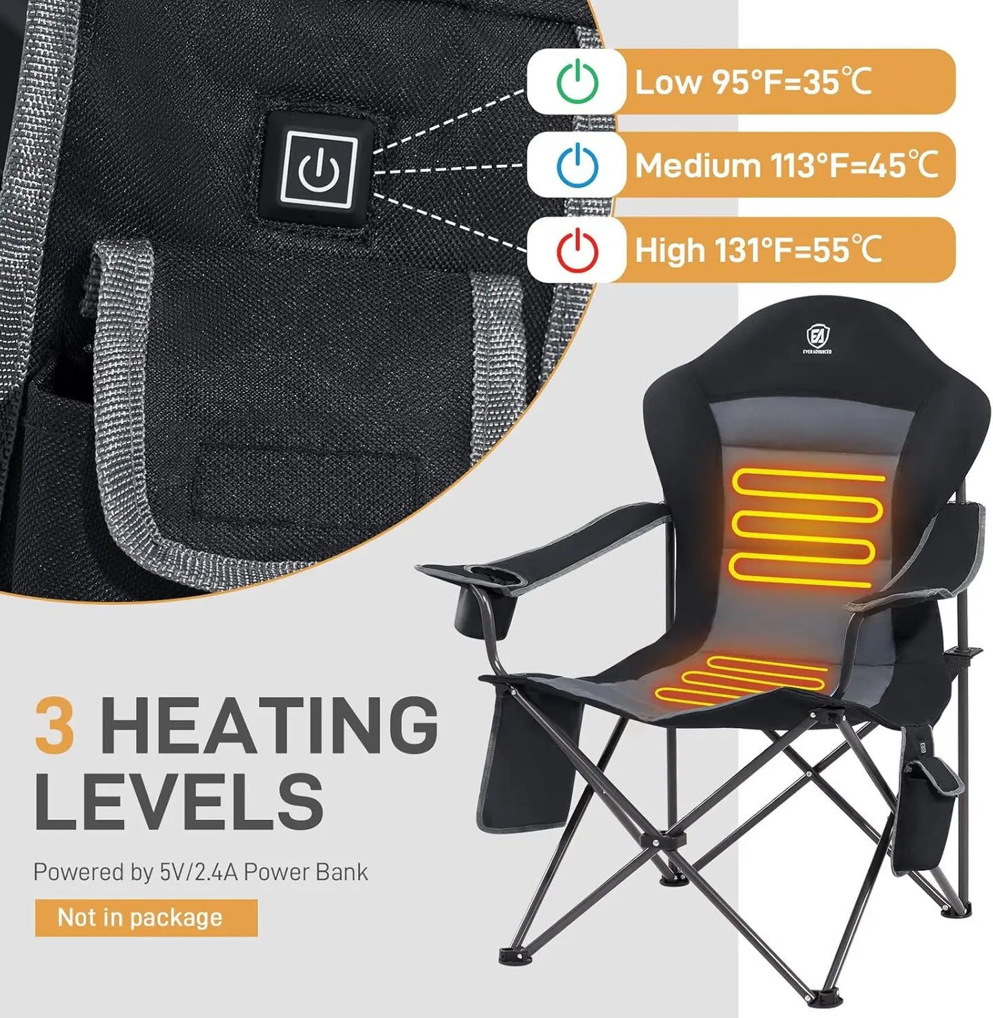 [Best Seller!]Heated Camping Chair, Lawn Chairs Heated Chair Outdoor Sports with 3 Heat Levels, Heated Folding Chair Camping Cha