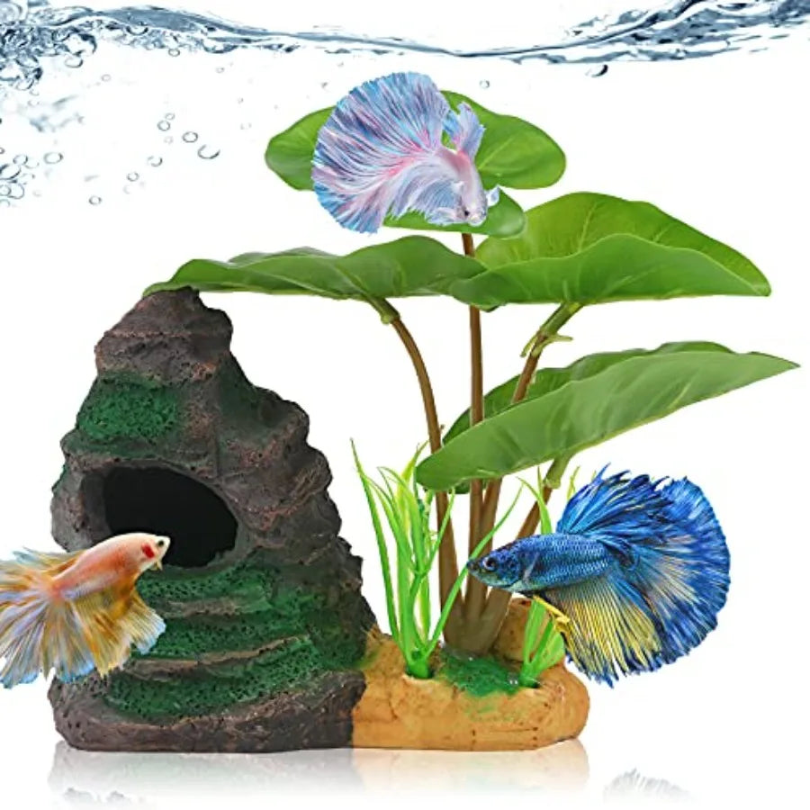 Betta Fish Leaf Pad Hammock Aquarium Decoration Cichlid Fish Tank Resin Rock Mountain Cave Orments Fish Bowl Decorations for Sl