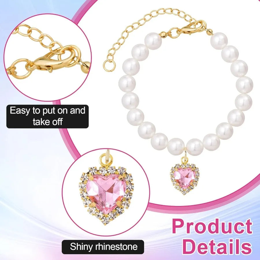 2pcs Cat Dog Pearl Collar Small Heart Shape Rhinestone Pet Necklace Adjustable Wedding Party Pet Jewelry Accessories for Puppy