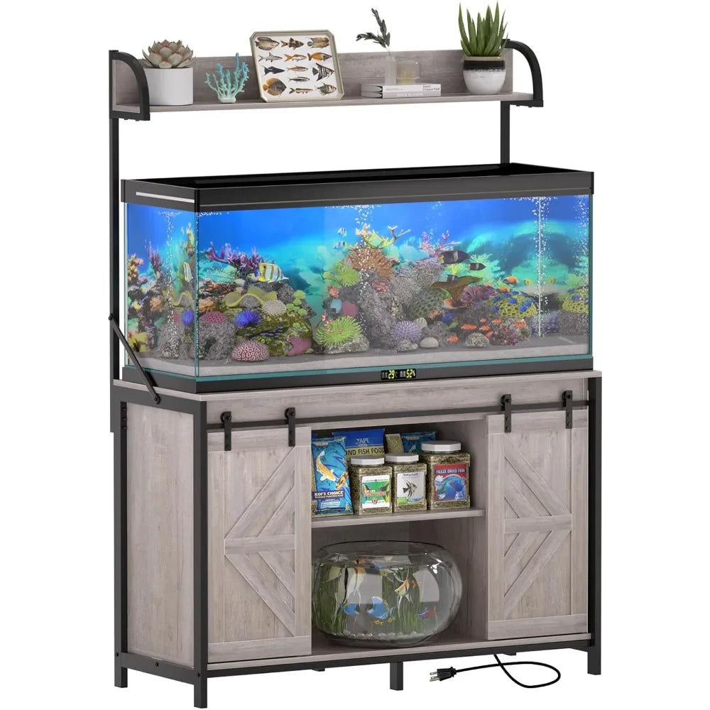 55-75 Gallon Fish Tank Stand with Power Outlets, Heavy Duty Metal Frame Aquarium Stand with Barn Door, Turtle Reptile Terrariums