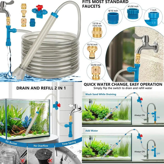 fishkeeper 25FT/50FT Aquarium Gravel Vacuum Water Changer - Flow Adjustable Faucet Universal Siphon Quick Pump with 6 Adapters,
