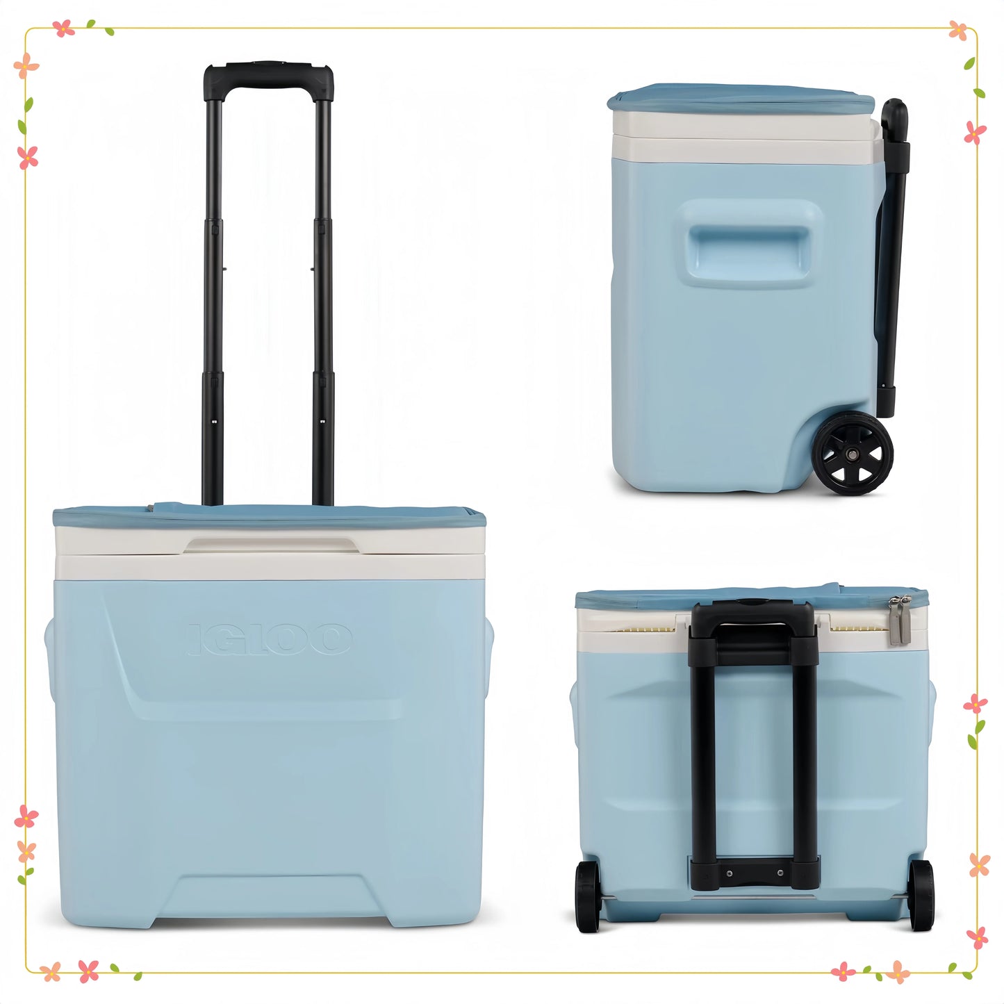 28QT Powder Blue Soft Top Cooler with Wheels, Lightweight Portable Ice Chest for Beach, Camping & Outdoor Trips