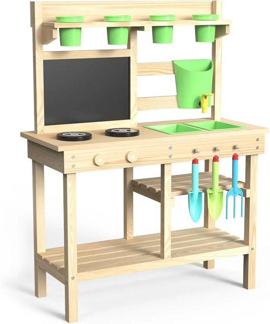 Cedar Wood Outdoor Play Kitchen for Kids, Mud Kitchen with Water Faucet, Dual-Sided Chalkboard, Storage Shelves, Cups, Removable