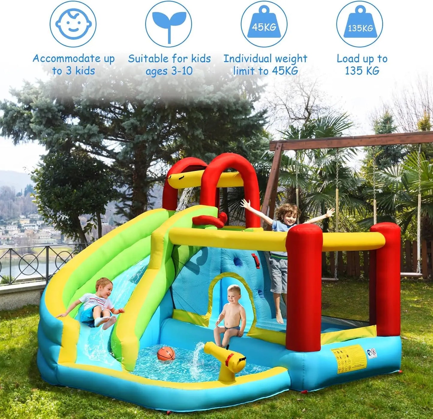 Inflatable Water Slide with 550W Blower, Water Park Waterslide Inflatables w/Jumping Bouncy Castle, Long Slide, Climbing Wall