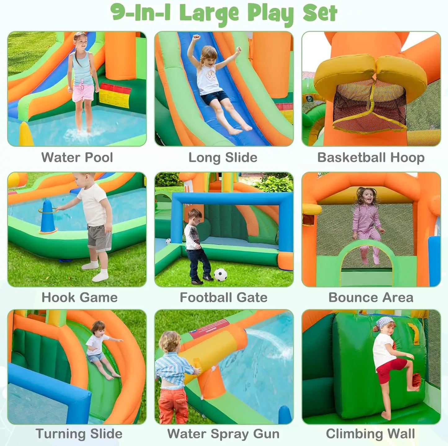 Inflatable Water Slide, 9 in 1 Waterslide Bounce House Water Park w/Dual Slides, Splash Pool, Climb Wall, Soccer Gate, Water Sli