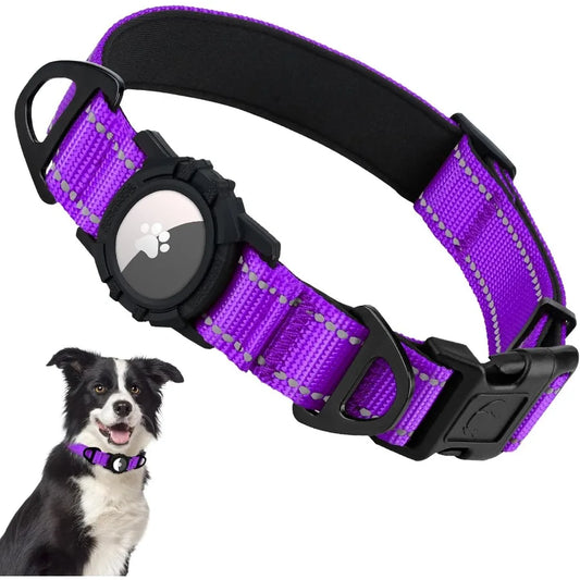 Reflective AirTag Dog Collar with Airtag Holder Dual DRings Safety Locking Buckle Durable Adjustable Soft Padded for Medium Dog