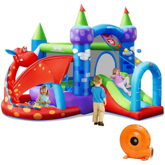 Inflatable Bounce House, Dragon Bouncy House for Kids Indoor Outdoor Party w/Jump Area, Basketball Rim, Toddler Jump Castle Boun