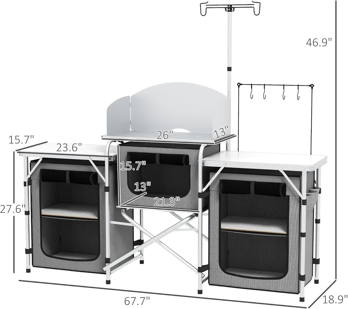 Camping Kitchen Table, Portable Folding Camp Kitchen, Aluminum Cook Station with 3 Fabric Cupboards, Windshield, Carrying Bag