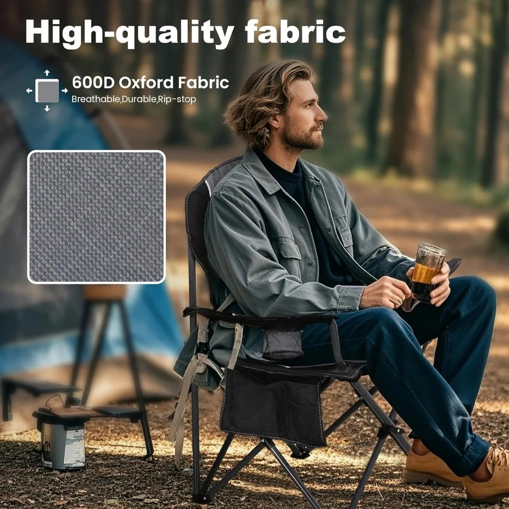Heavy-Duty Outdoor Folding Chair with Cup Holder and Storage, Supports Up to 350 LBS, Comfortable Armchair for Camping and Outdo
