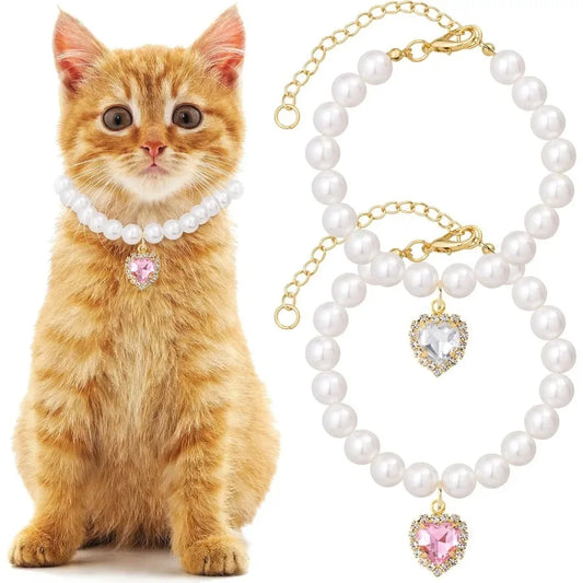 2pcs Cat Dog Pearl Collar Small Heart Shape Rhinestone Pet Necklace Adjustable Wedding Party Pet Jewelry Accessories for Puppy