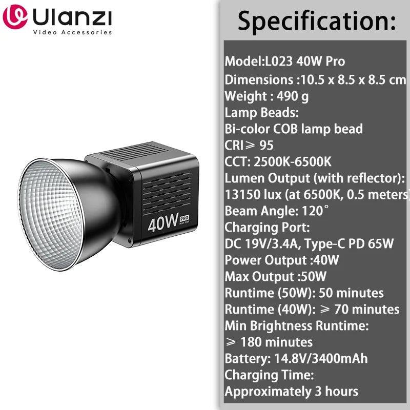 Ulanzi L023 40W Pro Portable LED Video Light Bi-Color COB Photographic Studio Light 2500K-6500K 3400mAh for Video Live-streaming