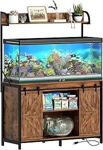 55-75 Gallon Fish Tank Stand with Power Outlets, Heavy Duty Metal Frame Aquarium Stand with Barn Door, Turtle Reptile Terrariums