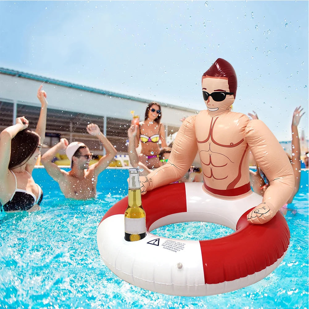 Muscle Men Inflatable Swim Ring Leakproof Swimming Rings Floaties with Cup Holder Funny Pool Rings Pool Accessories