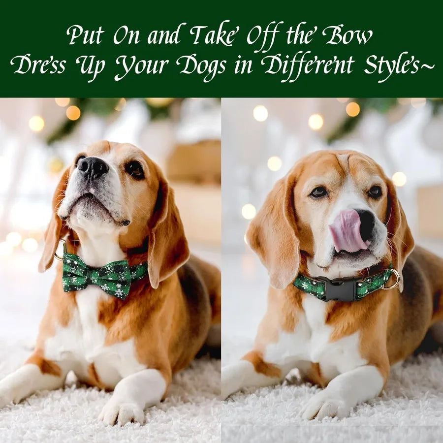Adjustable Christmas Dog Collar Girl Boy with Detachable Bowtie Classic Plaid Snowflake Dog Christmas Collar Soft Leather Cotto