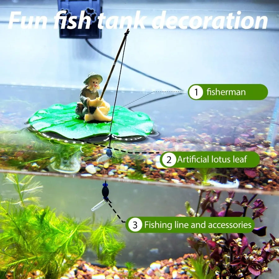 Floating Fish Tank DecorationCute Mini Fisherman Aquarium Decoration Fish Tank Accessorie Fish Toy for Betta Cichlid Goldfish S