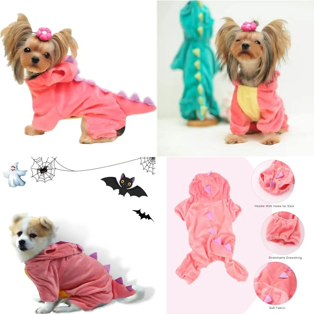 DELIFUR Dinosaur Dog Halloween Costume Pet Dino Hoodie for Small Dogs Cats (M, Pink)